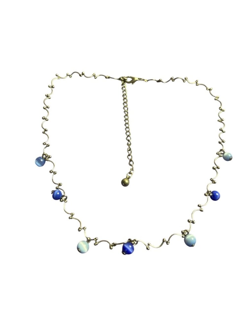 Dainty Silvertone Choker Collar Necklace 2 Tone Blue Cat's Eye Beads 13-16 inch